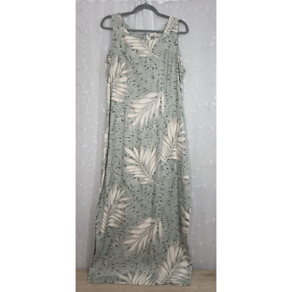 Kupono Dress 100% Silk Long Straight Dress Green wih‎ Leaf Size Large Vintage